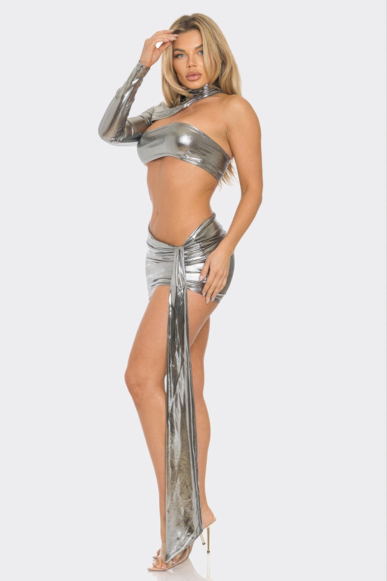 One Sleeve Metallic Top & Skirt Set        