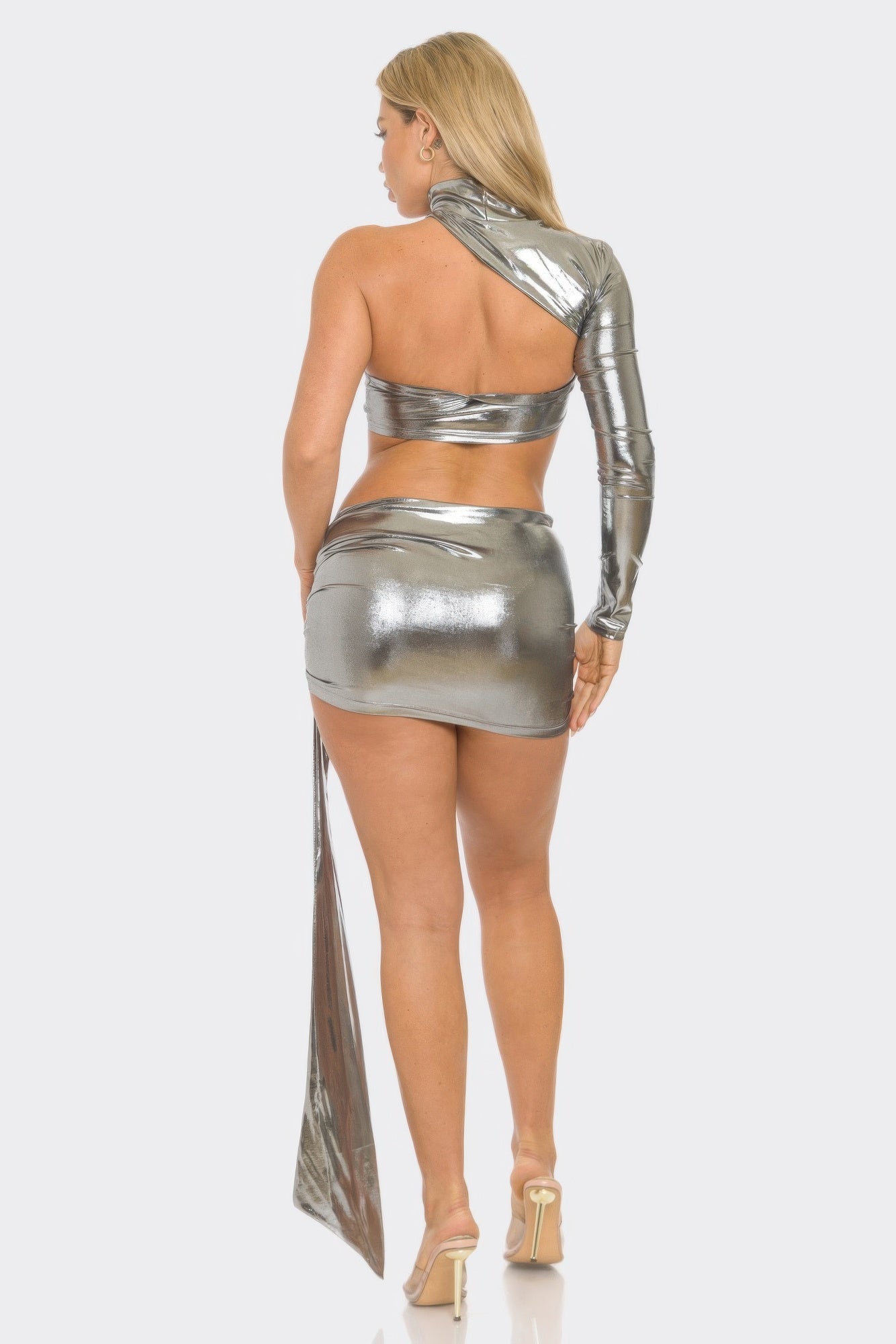 One Sleeve Metallic Top & Skirt Set        