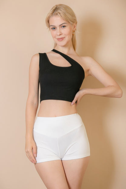 Ribbed One Shoulder Cross Strap Crop Top