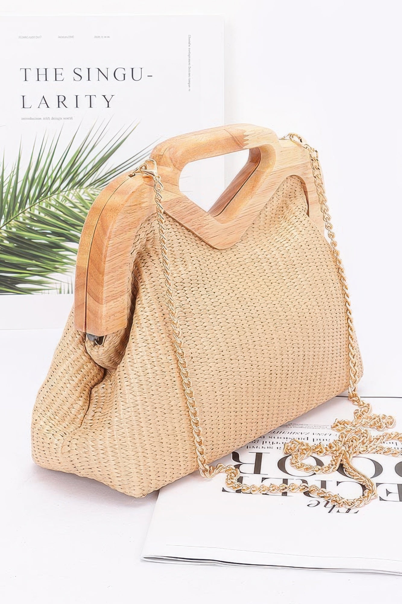 Faux Straw Wood Frame Clutch