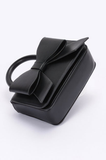 Faux Leather Ribbon Top Handle Bag