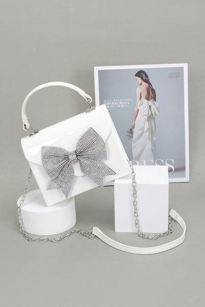 Enamel Rhinestone Ribbon Top Handle Clutch