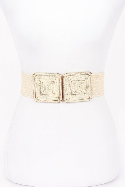 Faux Straw Two Buckle Elastic Belt