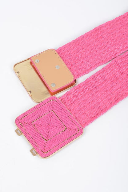 Faux Straw Two Buckle Elastic Belt
