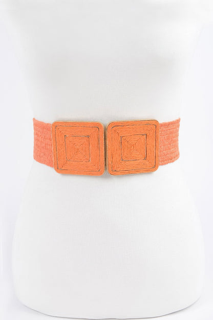 Faux Straw Two Buckle Elastic Belt