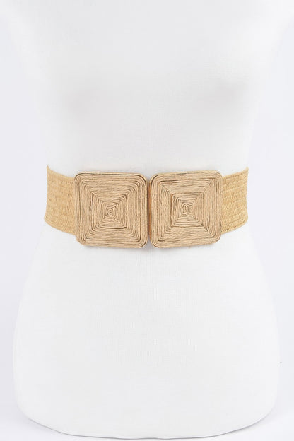Faux Straw Two Buckle Elastic Belt