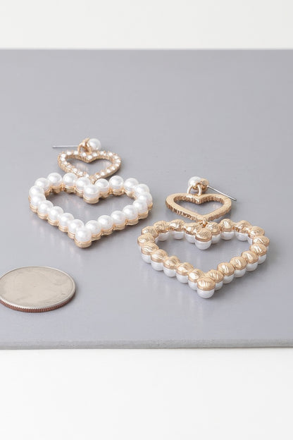 Twin Pearl Jewel Heart Drop Earrings