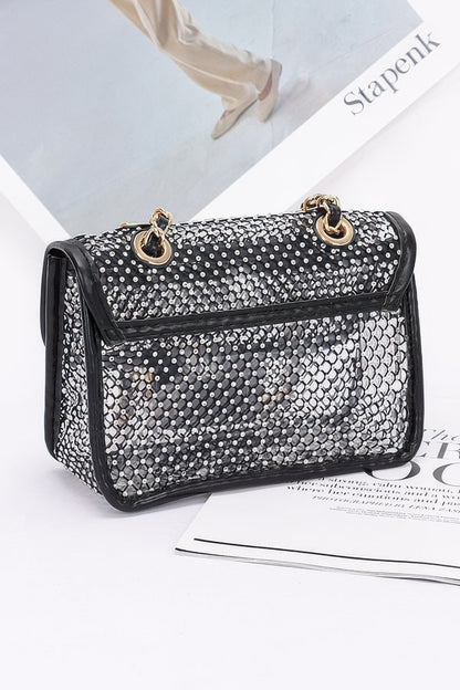 Rhinestone Mesh Flap Shoulder Bag