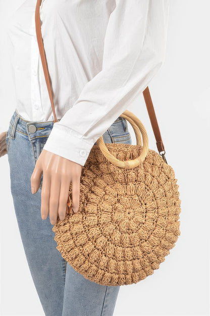 Faux Straw Round Wood Handle Bag