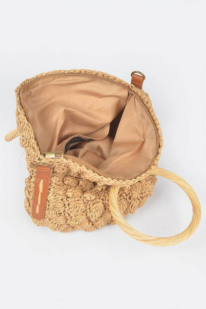 Faux Straw Round Wood Handle Bag