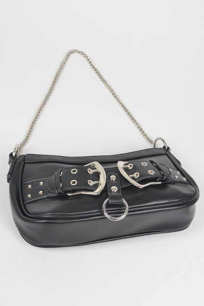 Faux Leather Stud Double Buckles Shoulder Bag
