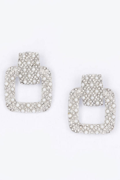 Rectangle Link Faux Pearlrhinestonedangle Earrings
