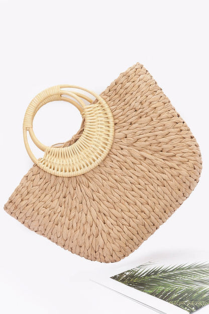 Faux Straw Bamboo Handle Tote Bag