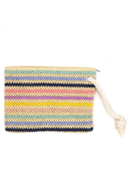 Rope Handle Multicolor Striped Straw Crochet Pouch