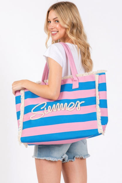Sewn Rope Summer Letter Fringe Striped Tote Bag
