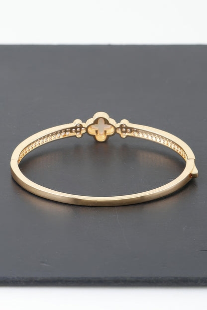 Gold Plated Pearl And Cz Pave Clover Bangle Bracelet