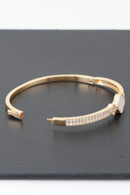 Gold Plated Pearl And Cz Pave Clover Bangle Bracelet