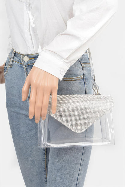 Transparent Rhinestone Top Handle Flap Bag