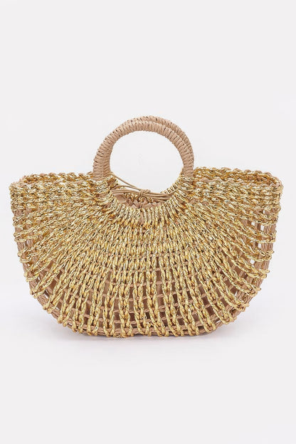 Metallic Faux Straw Tote Bag W Pouch
