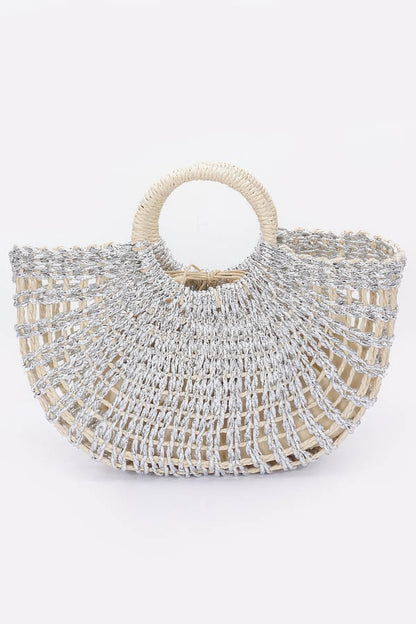 Metallic Faux Straw Tote Bag W Pouch