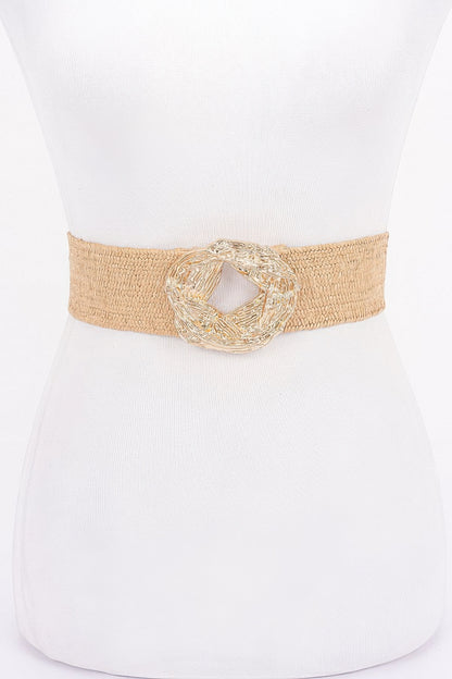Metal Buckle Elastic Faux Straw Belt