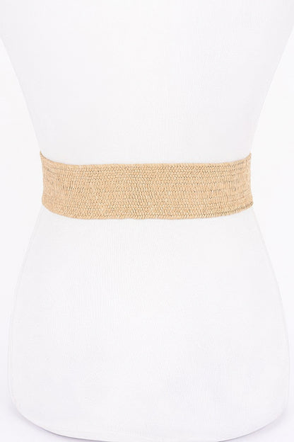 Metal Buckle Elastic Faux Straw Belt