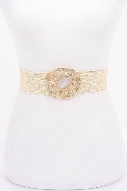 Metal Buckle Elastic Faux Straw Belt