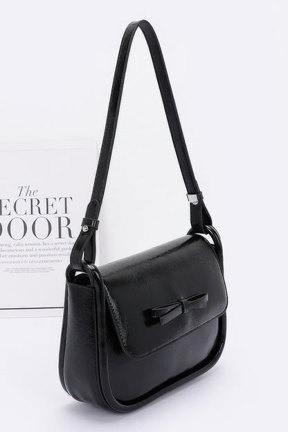 Faux Leather Bow Flap Bag