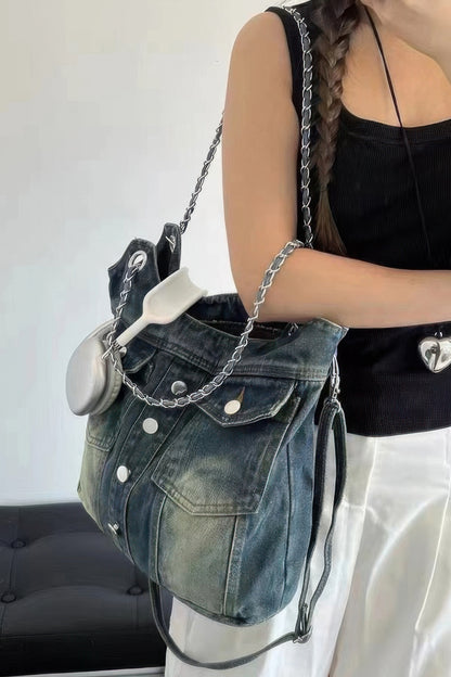 Washed Denim Double Pockets Tote Bag