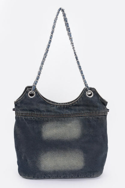 Washed Denim Double Pockets Tote Bag