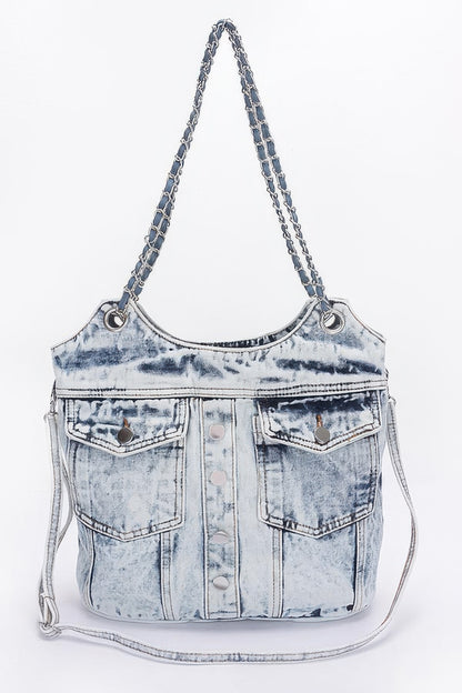 Washed Denim Double Pockets Tote Bag