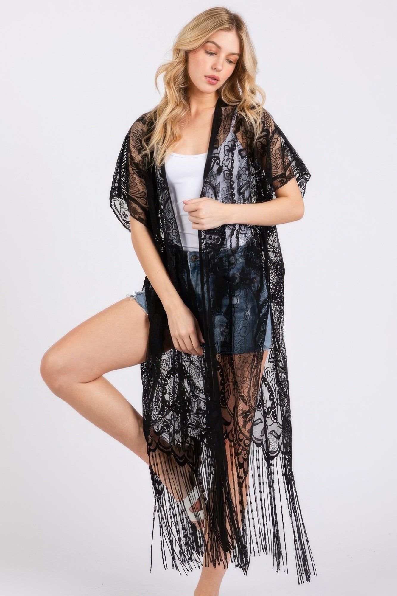 Elegant Lace Fringe Cover Up Kimono