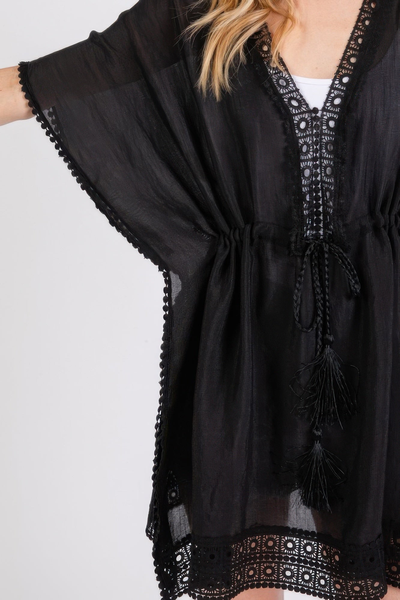 Crochet Trim And Front Drawstring Poncho