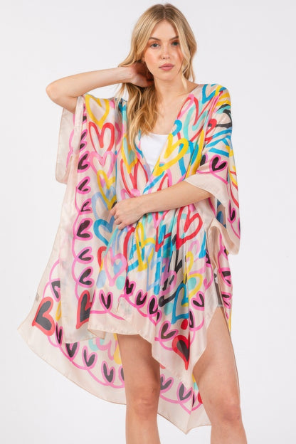 Multi Colored Heart Print Silky Feel Kimono