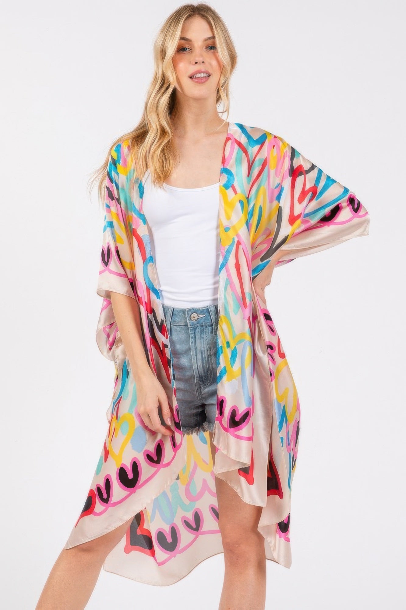 Multi Colored Heart Print Silky Feel Kimono