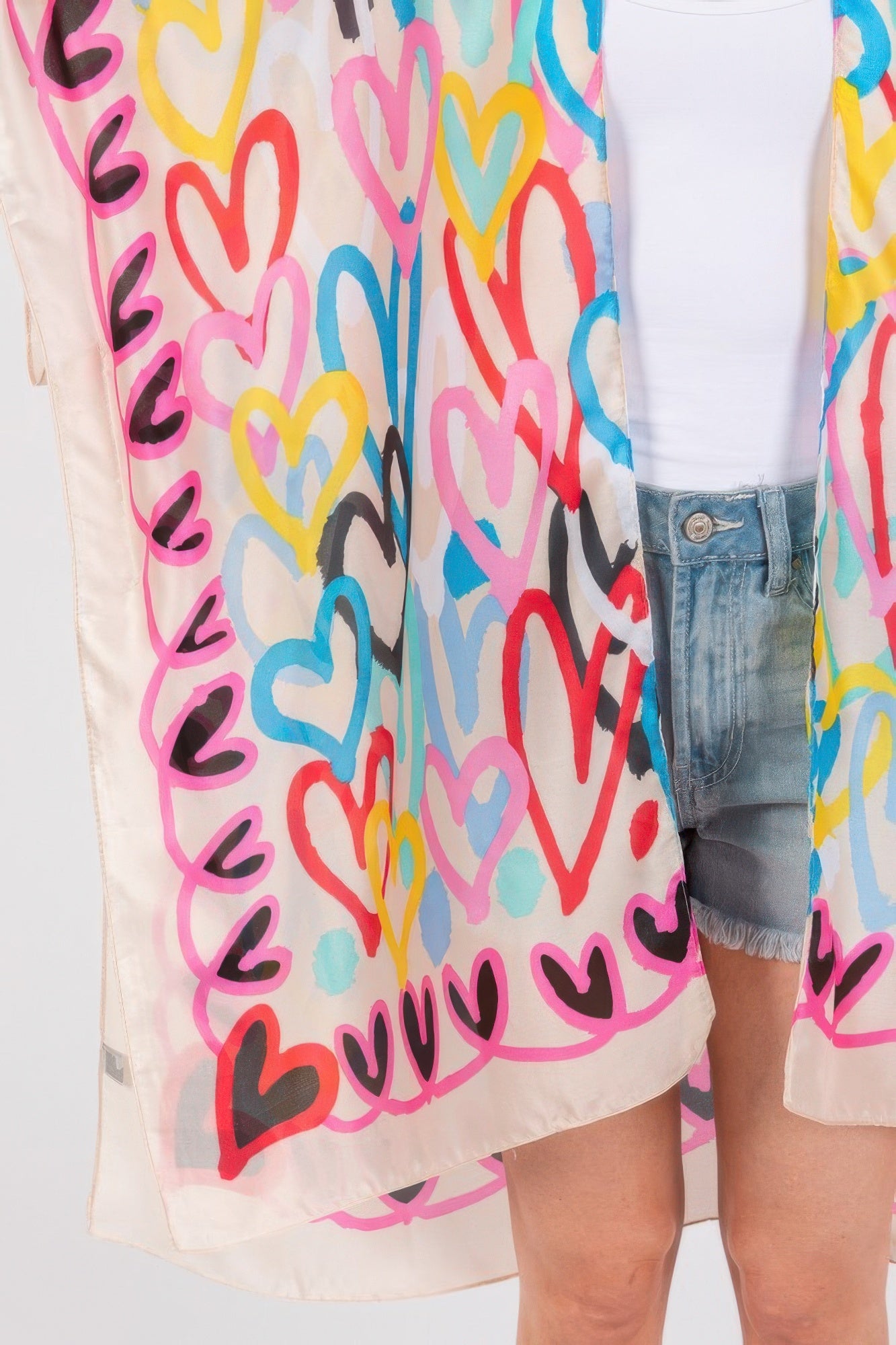 Multi Colored Heart Print Silky Feel Kimono