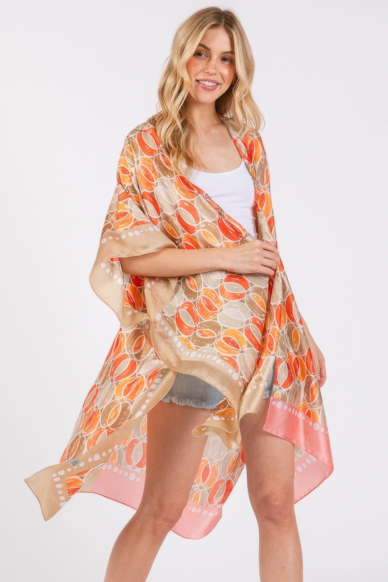 Two Tones Trim Abstract Print Silky Feel Kimono