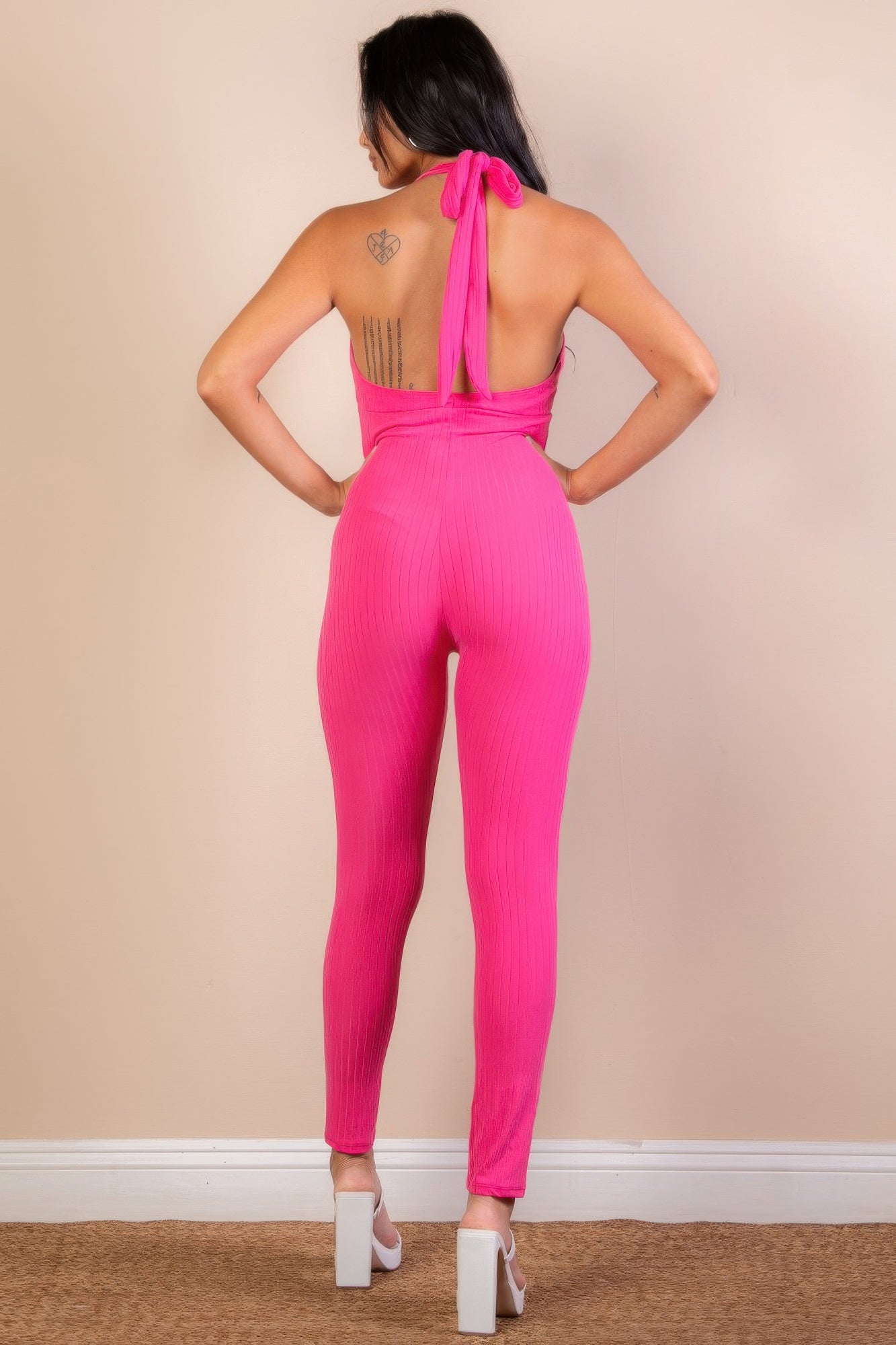 Halter V Neck Ribbed Bodycon Jumpsuit 