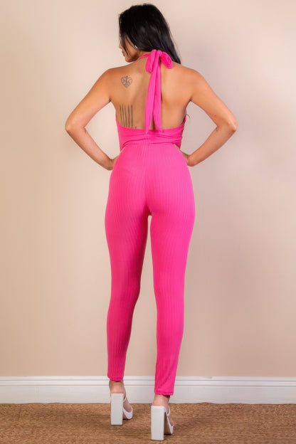 Halter V Neck Ribbed Bodycon Jumpsuit 