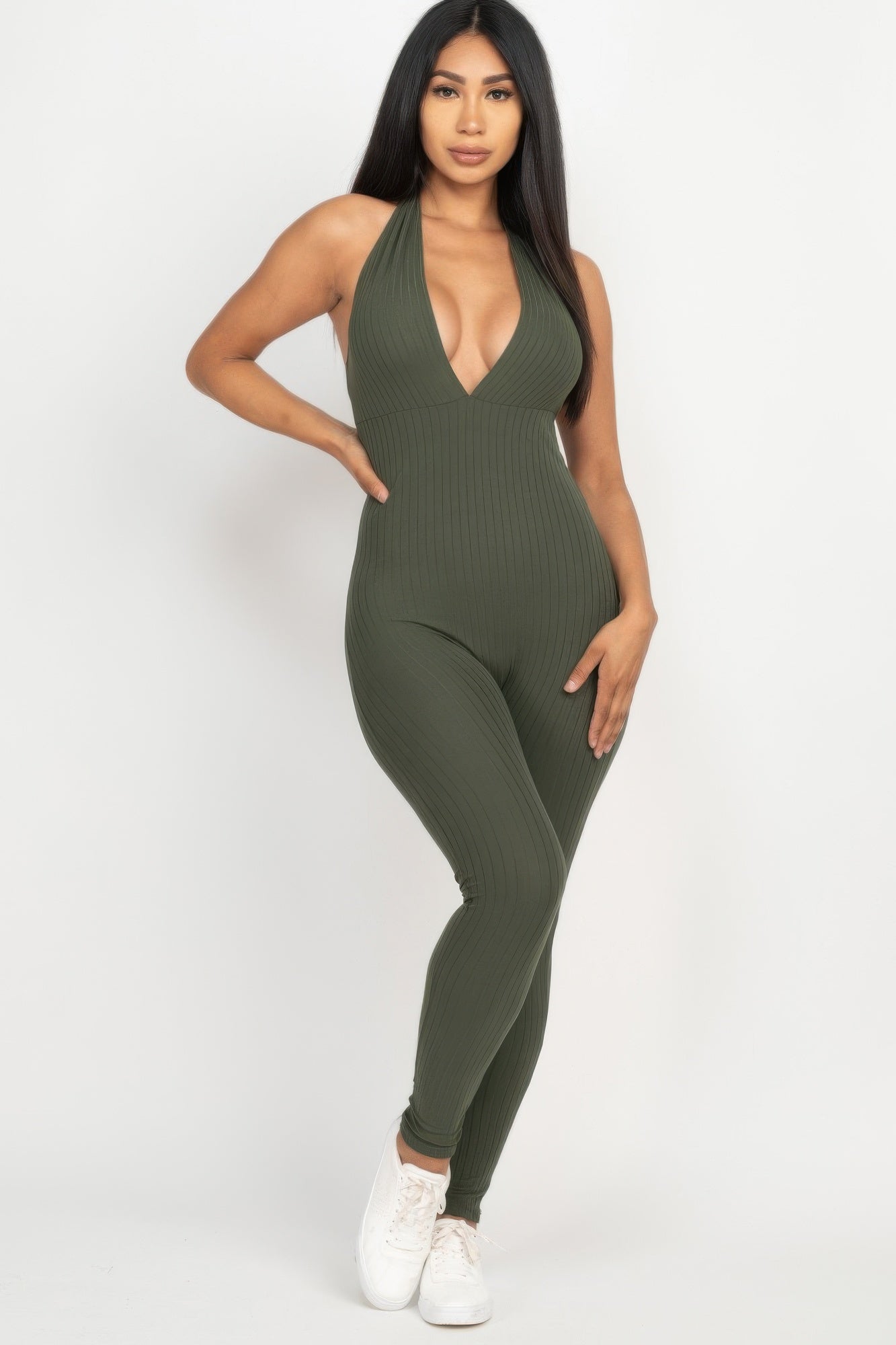 Halter V Neck Ribbed Bodycon Jumpsuit 
