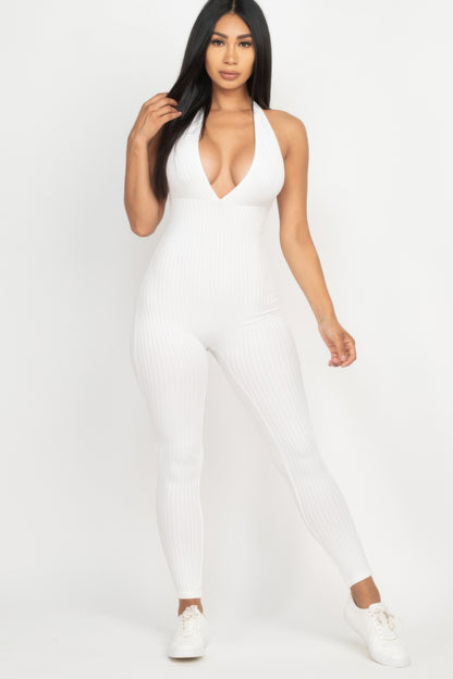 Halter V Neck Ribbed Bodycon Jumpsuit 