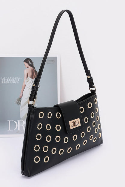 Faux Leather Eyelet Studded Shoulder Bag
