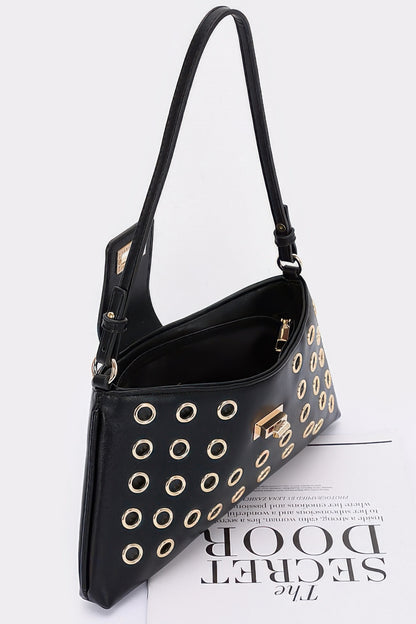 Faux Leather Eyelet Studded Shoulder Bag