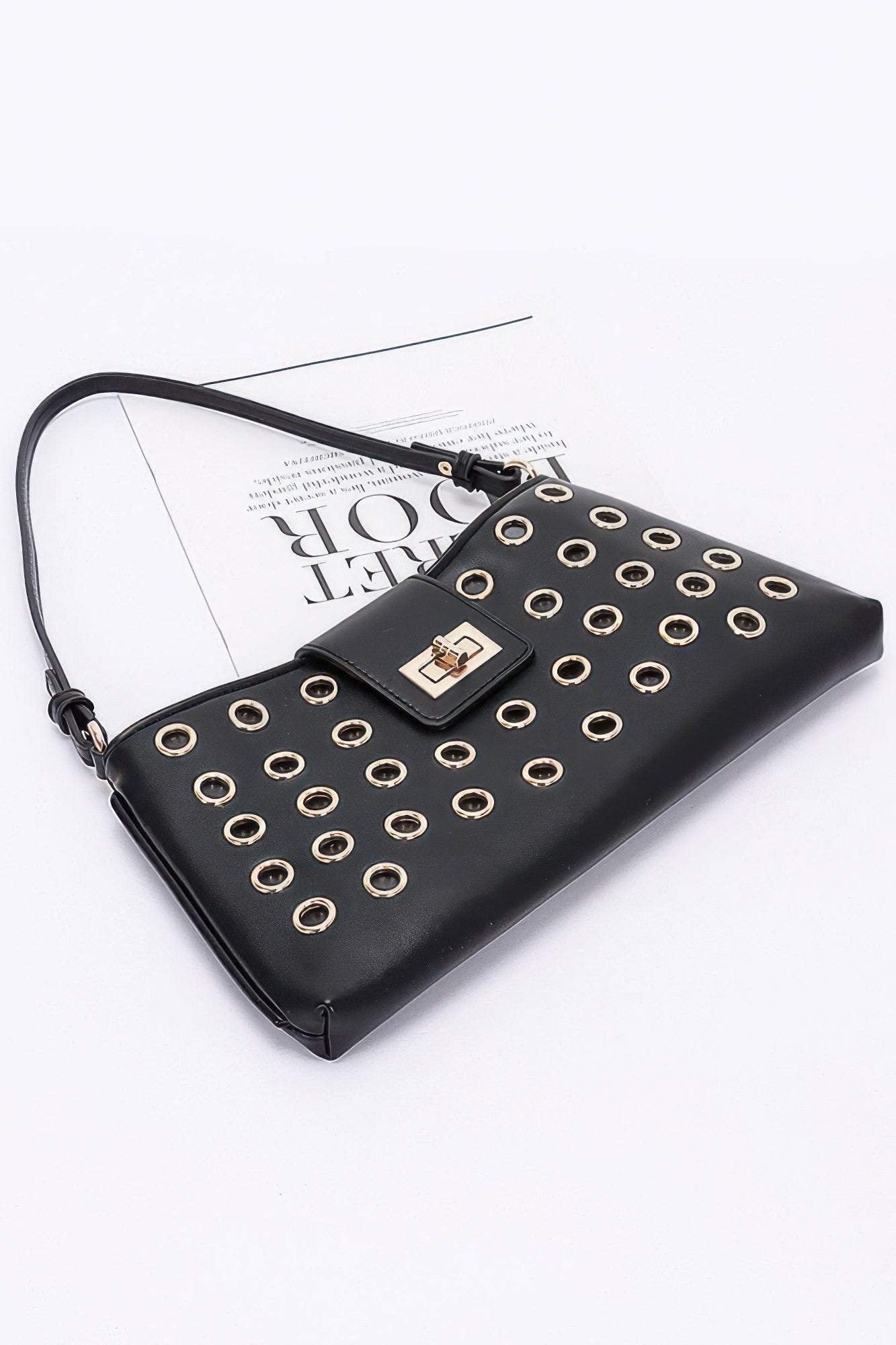 Faux Leather Eyelet Studded Shoulder Bag