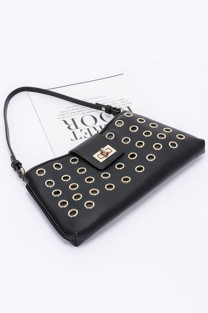 Faux Leather Eyelet Studded Shoulder Bag