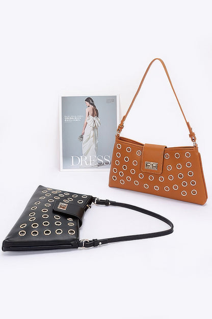 Faux Leather Eyelet Studded Shoulder Bag
