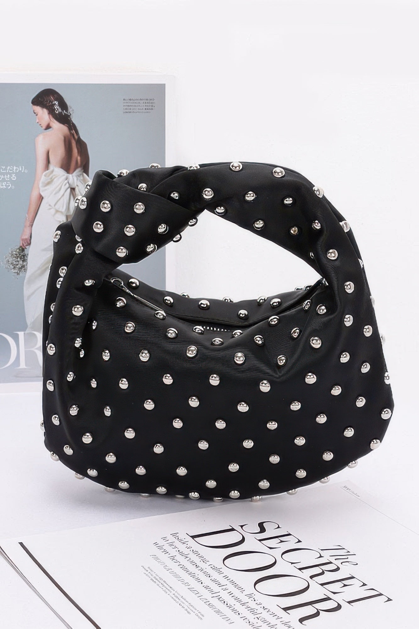 Satin Metal Studded Hobo Bag