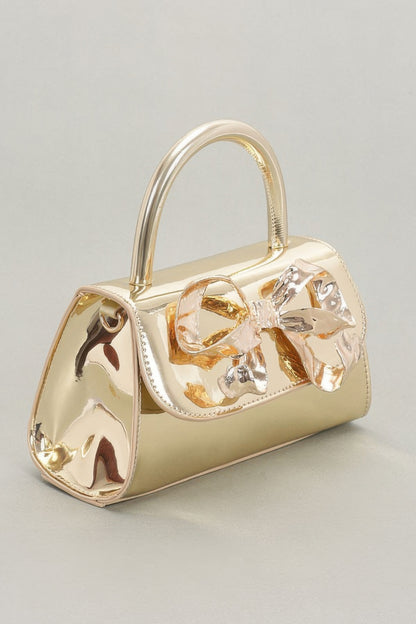 Faux Mirror Leather Ribbon Metal Top Handle Bag 