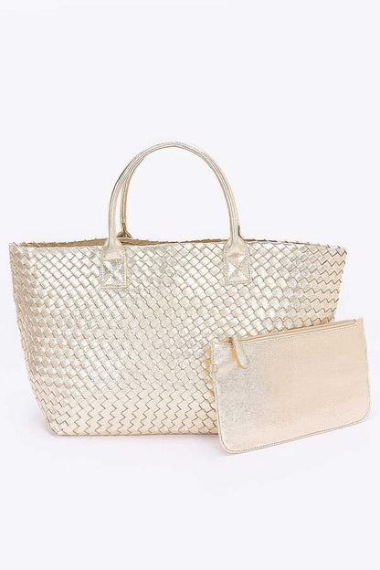 Metallic Faux Leather Braided Tote Bag