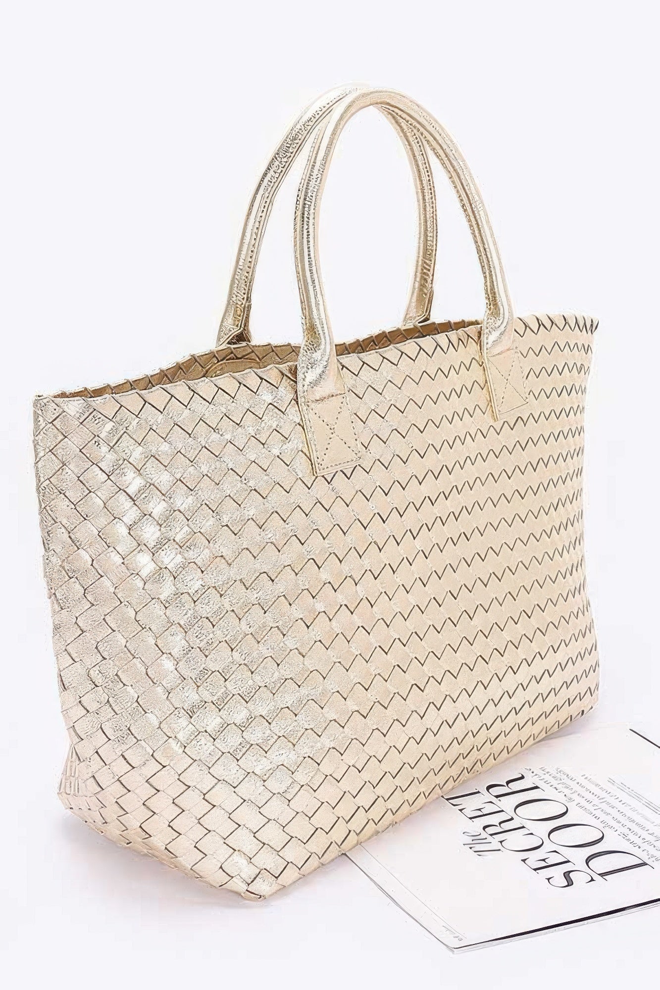 Metallic Faux Leather Braided Tote Bag